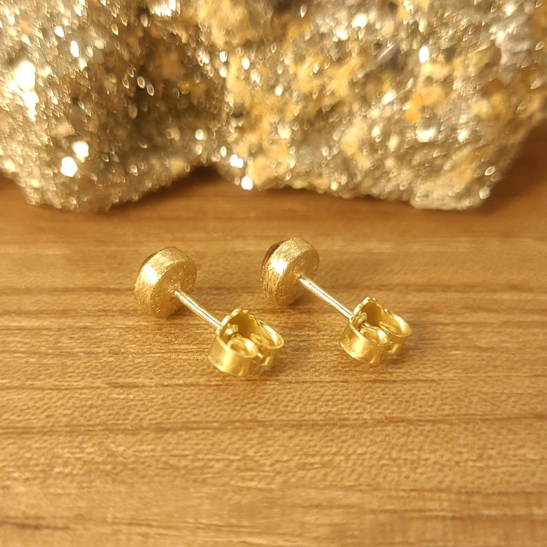 Puede incluir: Un par de pendientes de bot&oacute;n de oro con acabado cepillado. Los pendientes son peque&ntilde;os y redondos, y tienen un dise&ntilde;o sencillo.