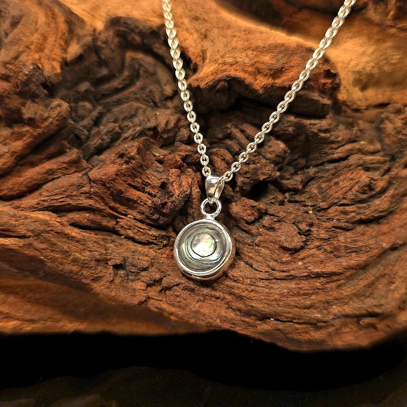 May include: A silver necklace with a circular pendant. The pendant features a mother-of-pearl center surrounded by a silver border. The necklace chain is delicate and hangs against a dark wood background.