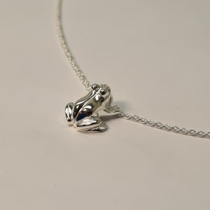 May include: A silver chain necklace with a silver frog pendant. The frog is sitting on its hind legs with its front legs outstretched.