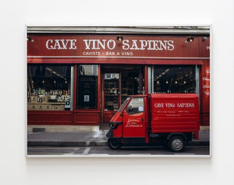 Paris wine shop print – Vintage red french storefront wall art, Retro delivery truck photo, Digital download poster for kitchen or bar decor