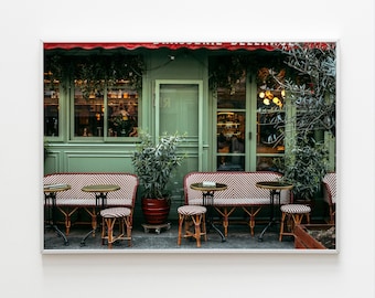 Paris cafe print,green brasserie storefront photo,french bistro chairs wall art,digital download for kitchen or coffee corner decor