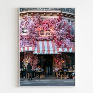 Paris street photo print,Paris city wall art,Printable Paris pink cafe,France photography,French architecture poster,digital download