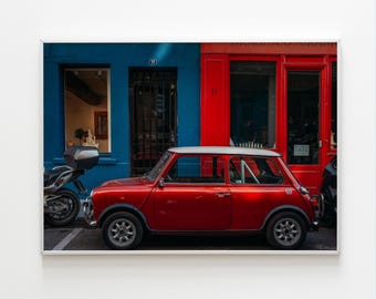 Vintage car print,Paris street scene photography,Colorful red blue contrast city facade wall art,Digital download bold urban palette decor