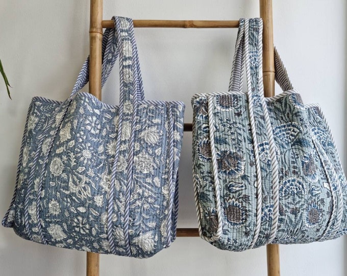 Quilted Cotton Handprinted Reversible Large Grey White Floral Tote Bag Eco friendly Sustainable Sturdy Grocery Shopping Handmade Artist Boho