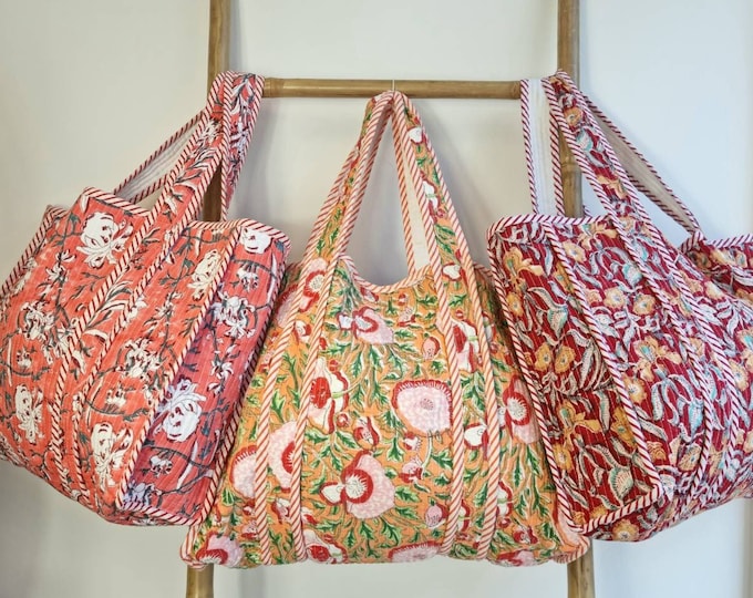 Quilted Cotton Handprinted Reversible Large Peach Floral Tote Bag Eco friendly Sustainable Sturdy Grocery Shopping Handmade Artist Boho