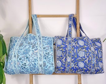 Quilted Cotton Handprint Reversible Large Blue Tote Bag | Eco friendly Sustainable Sturdy Grocery Shopping | Handmade Artist Boho Carry All