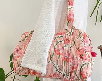 Quilted Duffle Tote Shoulder Peach Pansy Bag Cotton Summer Floral Eco friendly Sustainable Sturdy | Yoga Shopping Beach Artist Boho Bagpack