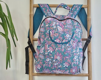 Quilted Cotton Handprint Large Bag-pack Eco friendly Sustainable Sturdy Travel Holiday Beach Shopping Handmade Artist Boho Carry All Indigo