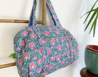 Gewatteerde Duffle Tote Schoudertas Katoen Handafdruk Blauw Roze Bloemen Eco-vriendelijk Duurzaam Stevig Yoga Winkelen Strand Kunstenaar Boho Bagpack