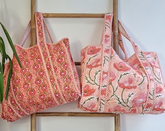 Quilted Cotton Handprinted Reversible Large Peach Orange Floral Tote Bag Eco friendly Sustainable Sturdy Grocery Shopping Handmade Art Boho