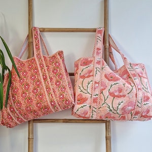 Quilted Cotton Handprinted Reversible Large Peach Orange Floral Tote Bag Eco friendly Sustainable Sturdy Grocery Shopping Handmade Art Boho