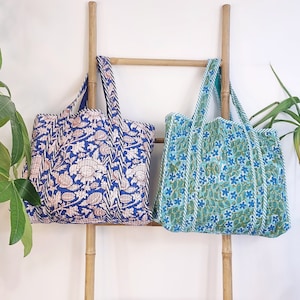 Gesteppte Baumwolle Handbedruckte Reversible Große Einkaufstasche | Umweltfreundlicher, robuster Lebensmittel-Einkauf | Handmade Künstler Boho Tragen All
