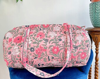 Quilted Duffle Tote Shoulder Bag Cotton Handprint White Pink Floral Eco friendly Sustainable Sturdy Yoga Shopping Beach Artist Boho Bagpack