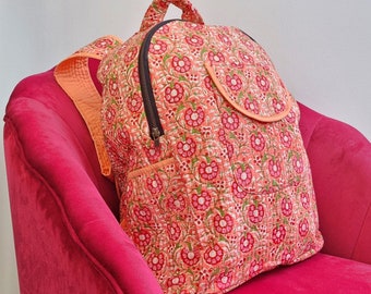 Quilted Cotton Handprint Large Backpack Eco friendly Sustainable Sturdy Travel Holiday Beach Shopping Travel Bag Handmade Artist Boho  Peach