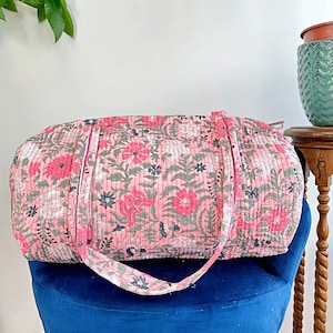 Quilted Duffle Tote Shoulder Bag Cotton Handprint White Pink Floral Eco friendly Sustainable Sturdy Yoga Shopping Beach Artist Boho Bagpack