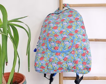 Quilted Cotton Handprint Large Bag-pack Eco friendly Sustainable Sturdy Travel Holiday Beach Shopping Handmade Artist Boho Slated Aqua Blue