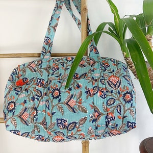 Gesteppter Seesack Tote Schulter Himmel Blau Orange Tasche Baumwolle Handabdruck Floral Umweltfreundlich Robust Yoga Einkaufen Strand Künstler Boho