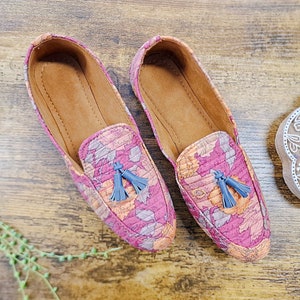 Quilted Loafers Moccasins Recycled Silk Unisex House Lounge Shoes Handmade Artist Boho Quirky Easy Christmas Gift Idea | Plum Pink