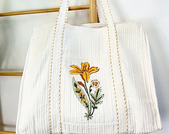 Quilted Cotton Luxury Handprint Reversible Large White Yellow Floral Stripe Tote Bag Sustainable Sturdy Grocery Shopping Handmade Artist