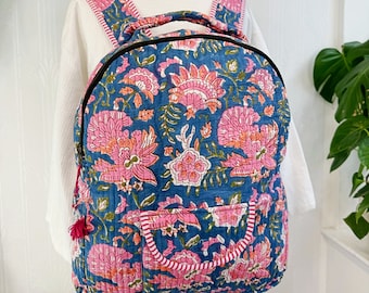 Quilted Cotton Handprint Large Blue Pink Bag-pack Eco friendly Sustainable Travel Holiday Beach Shopping Handmade Artist Boho Carry All