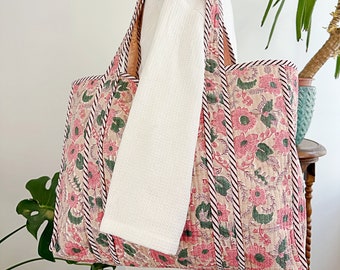 Quilted Cotton Handprinted Reversible Large Beige Pastel Pink Tote Bag Eco friendly Sustainable Sturdy Grocery Shopping Handmade Artist Boho