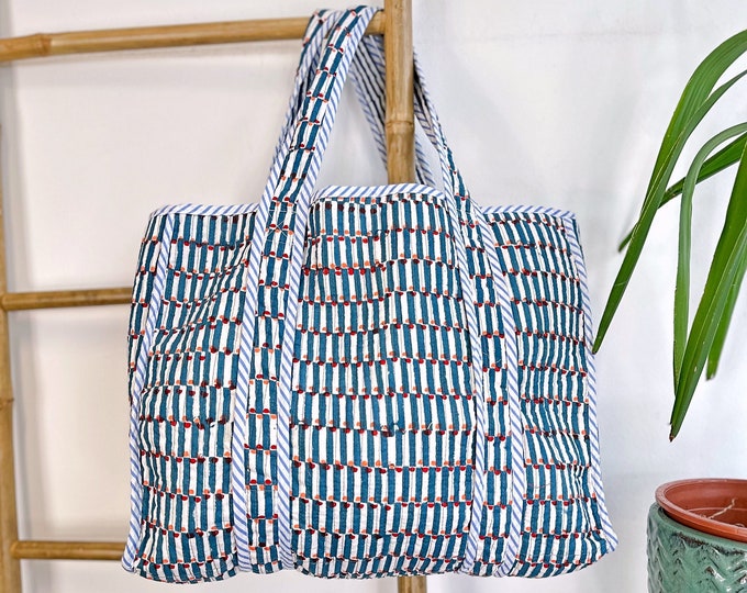 Quilted Cotton Handprinted Reversible Large Tote Bag Eco friendly Sustainable Sturdy Grocery Shopping Handmade Boho | GeometricTeal White