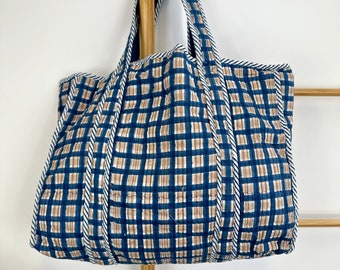 Quilted Cotton Handprinted Reversible Large Tote Bag Eco friendly Sustainable Sturdy Grocery Shopping Handmade Boho | Geometric Gingham Blue