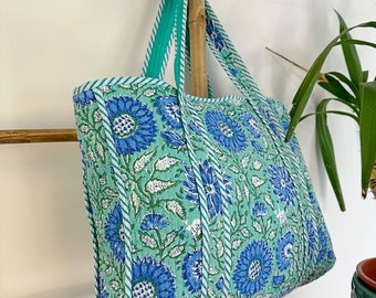 Quilted Cotton Handprinted Reversible Large Tote Bag Eco friendly Sturdy Grocery Shopping Handmade Artist Boho Carry All  Aqua Blue White