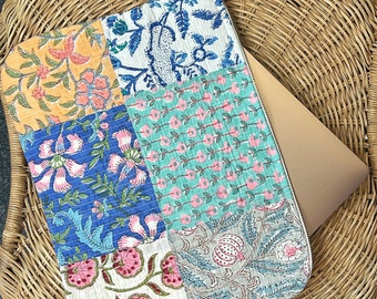 Quilted Cotton Laptop Slim White Patchwork Floral Sleeve Cover Bag Eco friendly Handmade Artist Boho | College Student Graduation Gift
