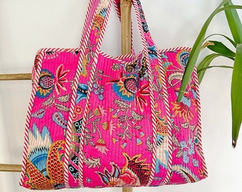 Quilted Cotton Handprinted Reversible Large Pink Bohemian Tote Bag | Eco friendly Sturdy Grocery Shopping | Handmade Artist Boho Carry All