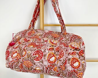 Quilted Duffle Tote Shoulder Bag Cotton Rusted Marigold Red Floral Eco friendly Sustainable Sturdy Yoga Shopping Beach Paint Boho Weekender
