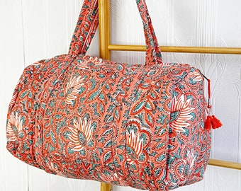 Acolchado Duffle Tote Bolso de hombro Algodón Handprint Melocotón Floral Ecológico Sostenible Robusto Yoga Compras Playa Artista Boho Overnighter