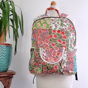 Quilted Cotton Handprint Large Backpack Eco friendly Sustainable Sturdy Travel Holiday Beach Shopping Travel Bag Handmade Artist Boho  Peach