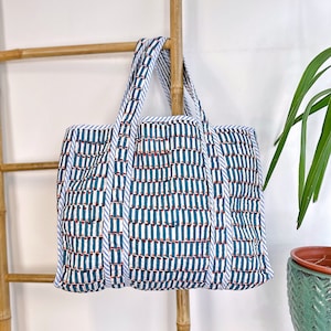 Quilted Cotton Handprinted Reversible Large Tote Bag Eco friendly Sustainable Sturdy Grocery Shopping Handmade Boho | GeometricTeal White