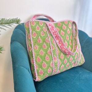 Quilted Cotton Handprinted Reversible Large Tote Bag Eco friendly Handmade Sturdy Grocery Shopping Artist Boho | Green Pink Gardenia Bloom