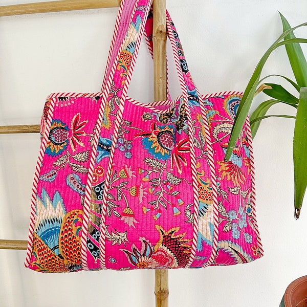 Quilted Cotton Handprinted Reversible Large Pink Bohemian Tote Bag | Eco friendly Sturdy Grocery Shopping | Handmade Artist Boho Carry All