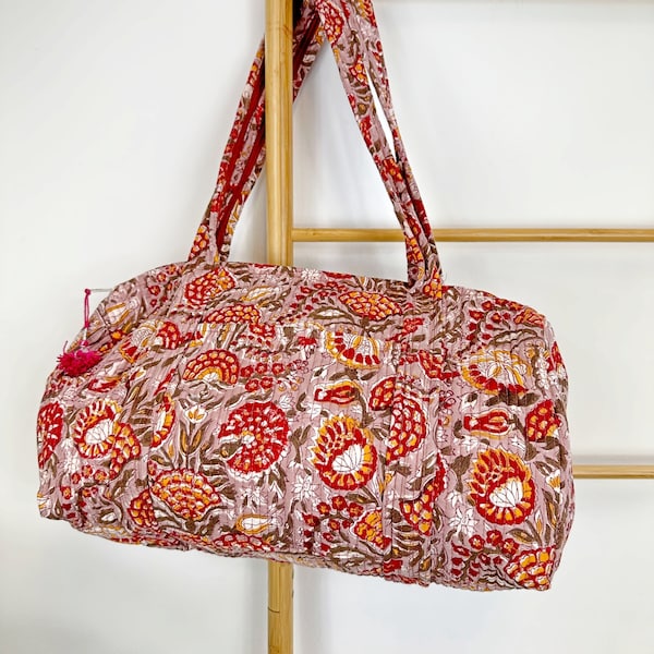 Bolsa de lona acolchada Bolso de hombro Algodón Oxidado Caléndula Rojo Floral Ecológico Sostenible Robusto Yoga Compras Playa Pintura Boho Weekender