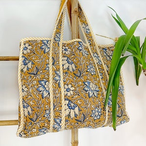 Quilted Cotton Bagru Handprinted Reversible Large Tote Bag Eco friendly Sustainable Sturdy Grocery Shopping Handmade Artist Boho Carry All