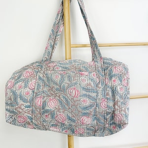 Quilted Duffle Tote Shoulder Bag Cotton Handprint Grey Pink Pomegranate Floral Eco friendly Sturdy Yoga Shopping Beach Artist Boho Bagpack