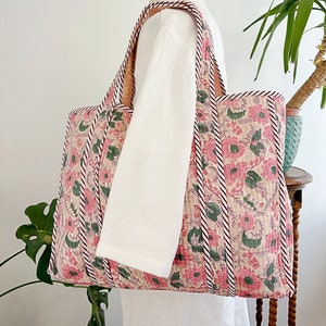 Quilted Cotton Handprinted Reversible Large Beige Pastel Pink Tote Bag Eco friendly Sustainable Sturdy Grocery Shopping Handmade Artist Boho