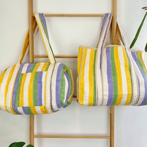 Gesteppte Baumwolle Handabdruck grobstrick Streifen große Reisetasche Einkaufstasche umweltfreundlich nachhaltig robust Einkauf Boho Travel Lime weiß gelb