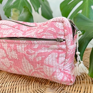 Quilted Cotton Handprint Large Pink White Beauty Pouch Bag Eco friendly Sustainable Sturdy Artist Handmade Artist Boho Travel Toiletry Case