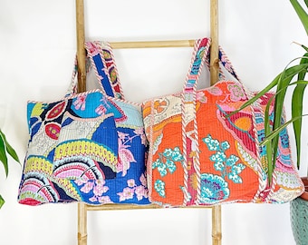 Grand sac fourre-tout réversible en coton matelassé, empreinte de main, fait main, solide et écologique, Boho | Abstrait japonais orange bleu royal