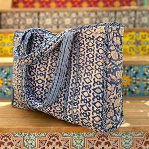 Peut inclure: Un sac fourre-tout bleu et blanc à motif matelassé. Le sac a deux anses et est posé sur un escalier coloré.