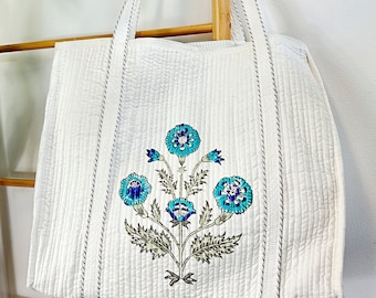 Quilted Cotton Luxury Handprint Reversible Large White Blue Floral Stripe Tote Bag Sustainable Sturdy Grocery Shopping Handmade Artist Boho