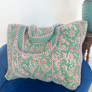Quilted Cotton Handprinted Reversible Large Tote Bag Eco friendly Handmade Sturdy Grocery Shopping Artist Boho | Sage Green Beige Gardenia
