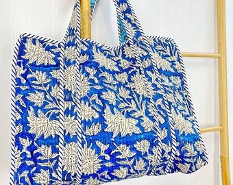 Quilted Cotton Handprinted Reversible Large Tote Bag Eco friendly Handmade Sturdy Grocery Shopping Artist Boho | Blue Turquoise Bloom Garden