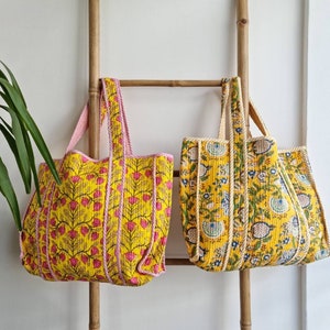 Quilted Cotton Handprinted Reversible Large Spring Yellow Tote Bag  Eco friendly Sustainable Sturdy Grocery Shopping | Handmade Artist Boho