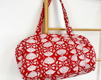 Quilted Duffle Tote Shoulder Bag Cotton Red White Lotus Floral Eco friendly Sustainable Sturdy Yoga Shopping Beach Artist Boho Weekender