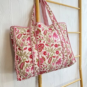 Quilted Cotton Handprint Reversible Large Pink White Grey Floral Tote ...